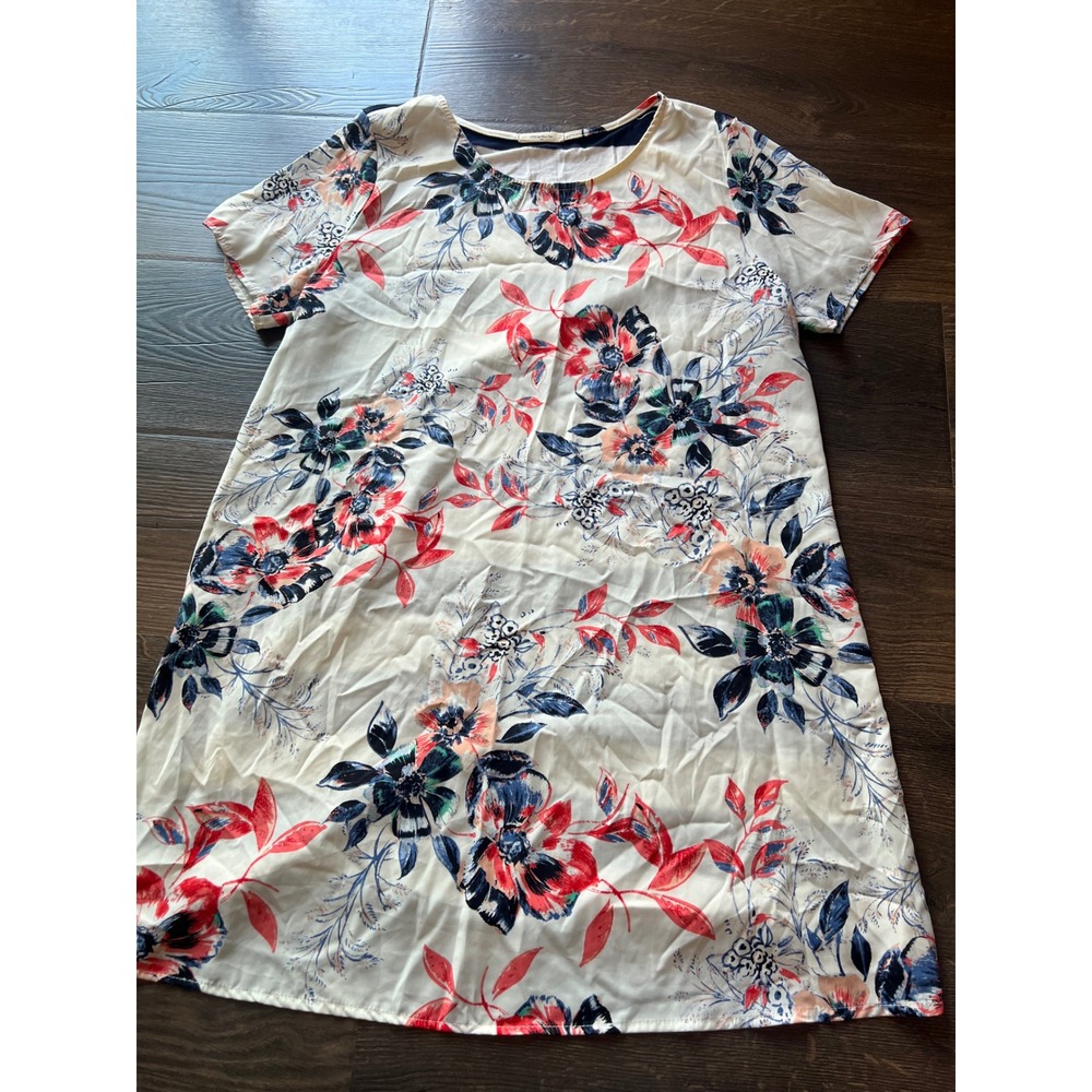 12PM by Mon Ami Floral Striped Mixed Media Shift‎ Dress Navy White Red Large